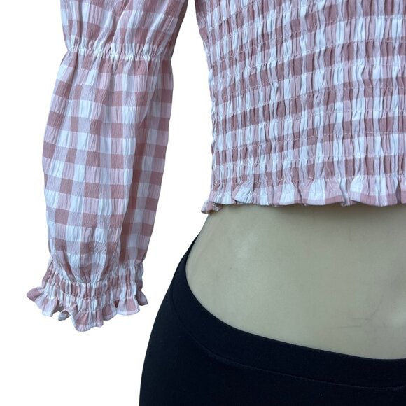 Mi Ami Women Pink Plaid Off-Shoulder Smocked Crop Top Sz M - Picture 5 of 8